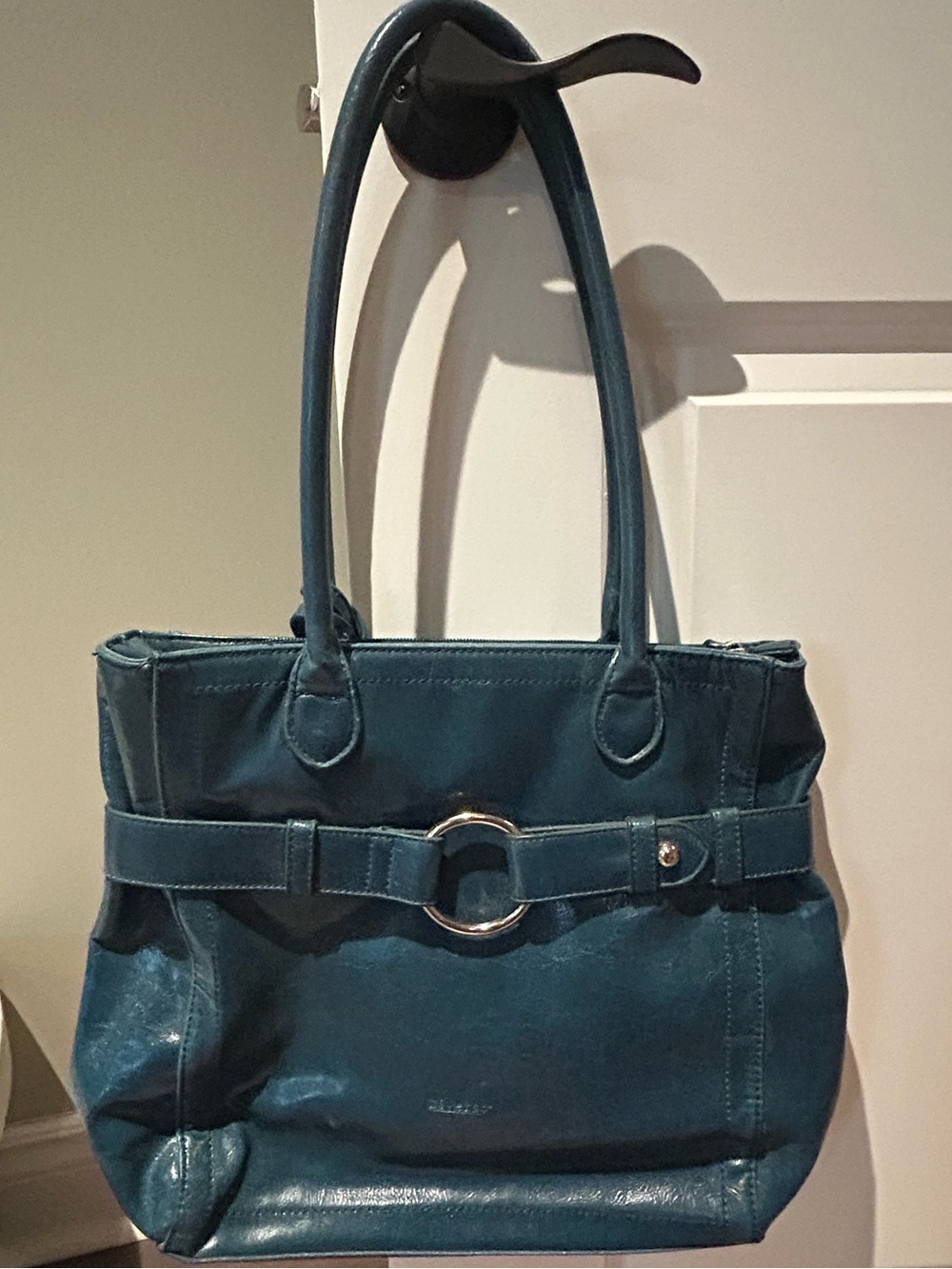 Diverso Italy Teal Leather Tote Bag with Ring Belt Detail